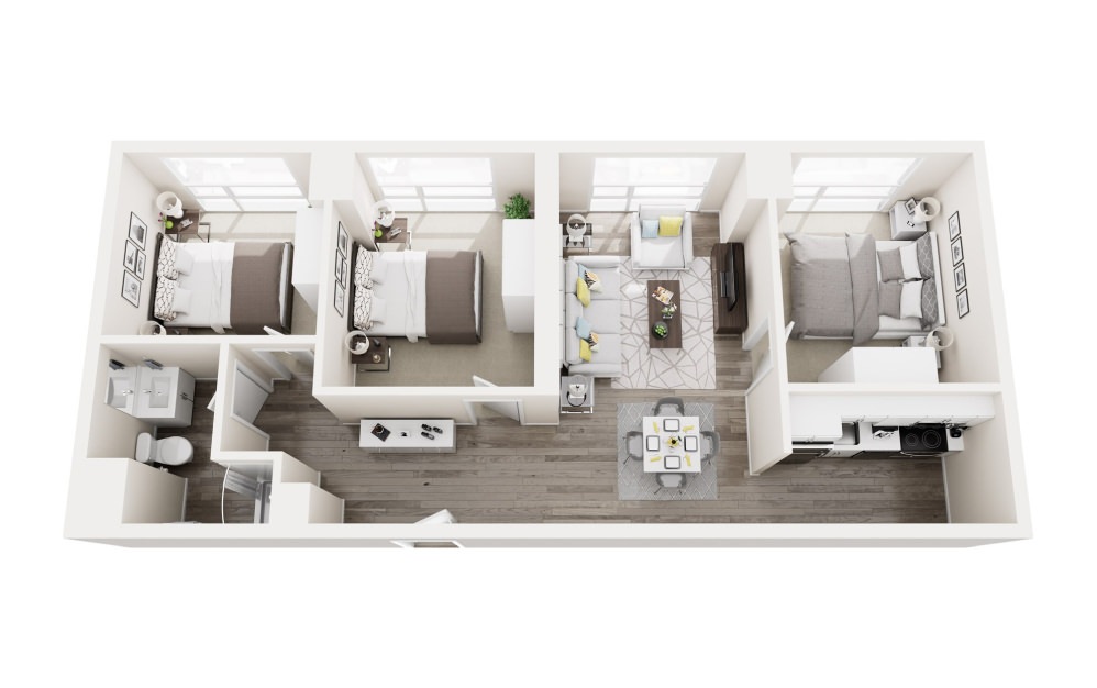 2-Bed-with-Den - 2 bedroom floorplan layout with 1 bathroom and 890 square feet