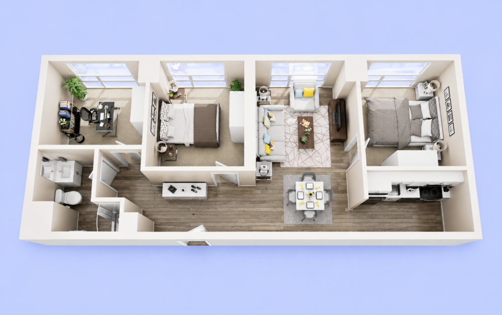 2-Bed-with-Den - 2 bedroom floorplan layout with 1 bathroom and 890 square feet