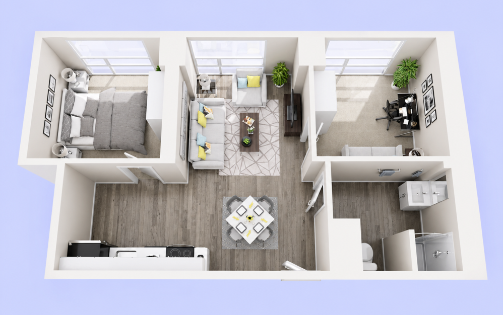 1-Bed-with-Den - 1 bedroom floorplan layout with 1 bathroom and 675 square feet
