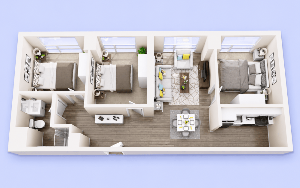 2-Bed-with-Den - 2 bedroom floorplan layout with 1 bathroom and 890 square feet