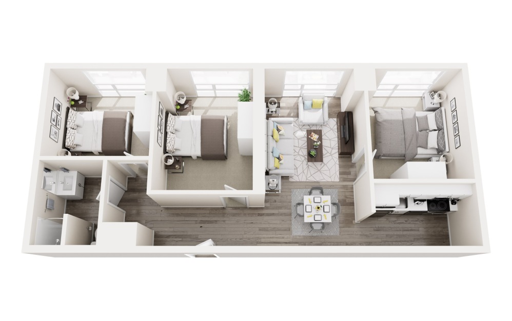 3B - 3 bedroom floorplan layout with 1 bathroom and 890 square feet