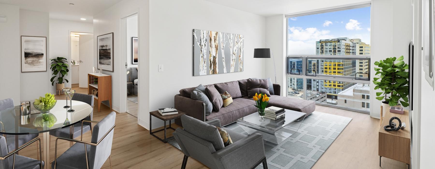 a living room with a large window